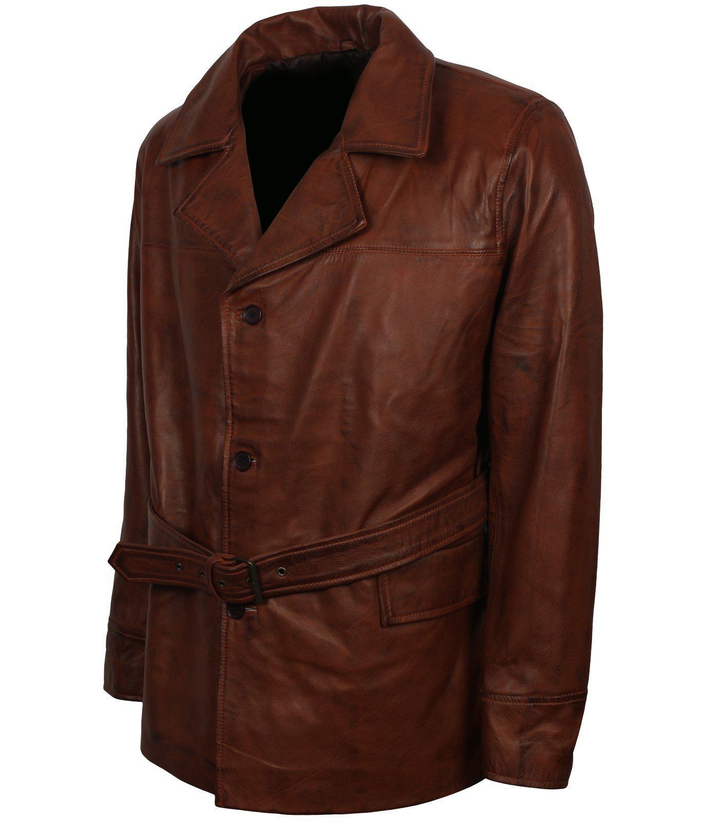 Men's Leather Trench Coat with Belt