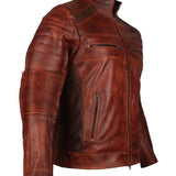 Men's Brown Waxed Cafe Racer Leather Motorcycle Jacket