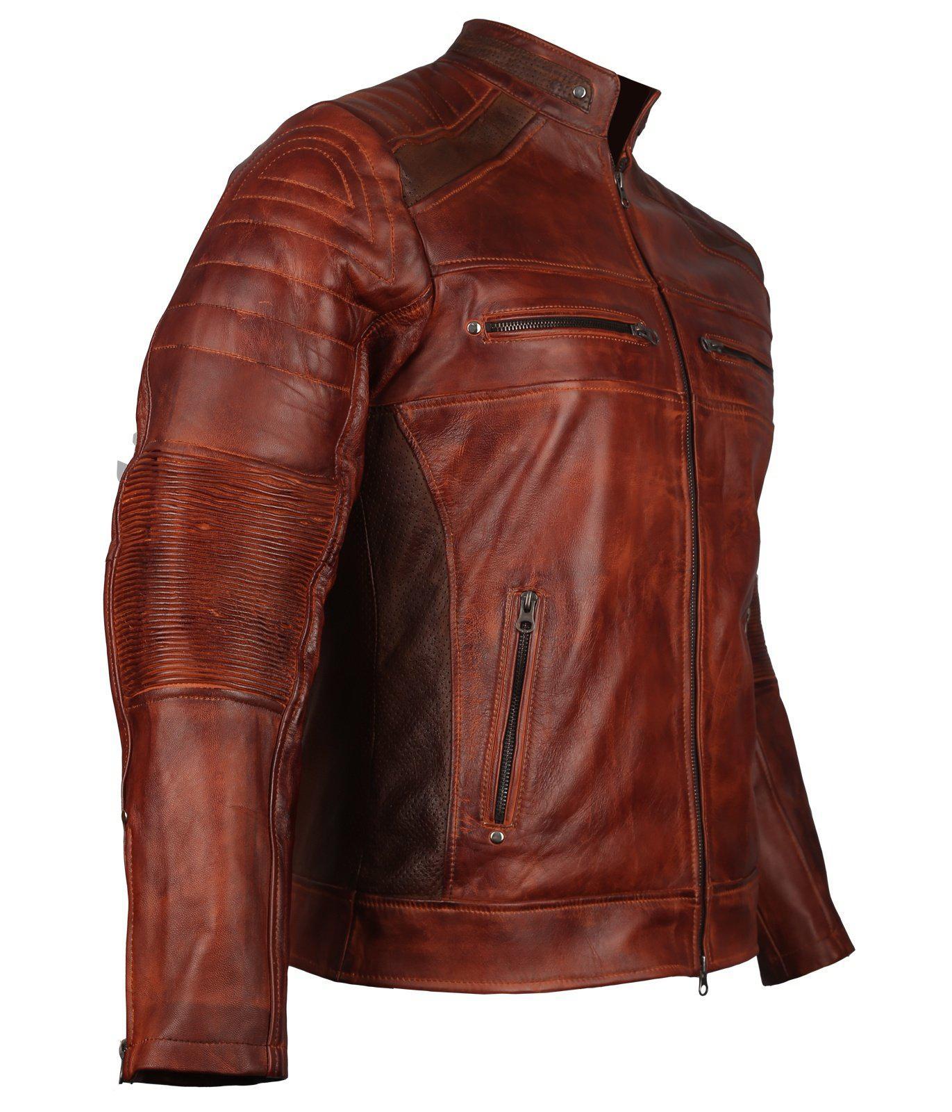 Men's Brown Waxed Cafe Racer Leather Motorcycle Jacket