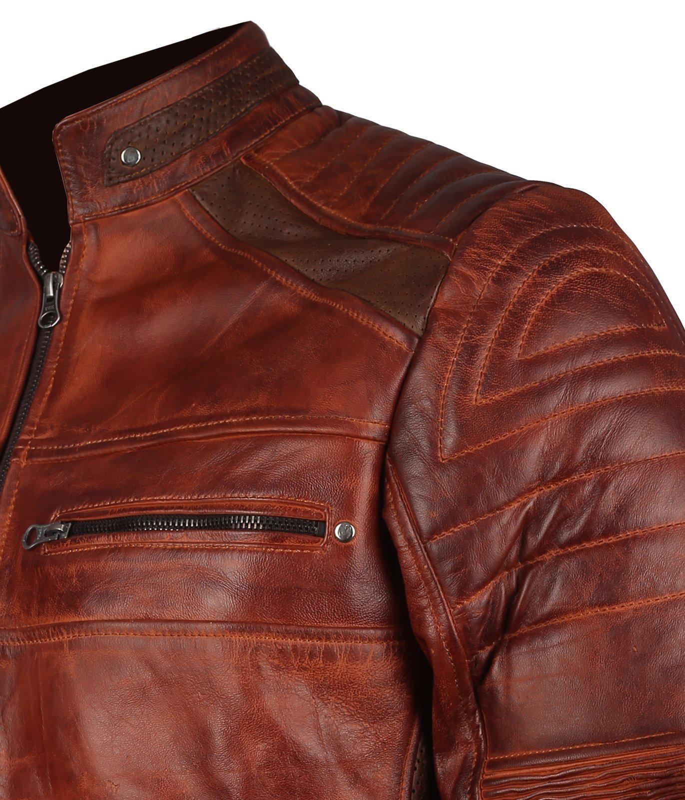 Men's Brown Waxed Cafe Racer Leather Motorcycle Jacket