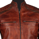 Men's Brown Waxed Cafe Racer Leather Motorcycle Jacket