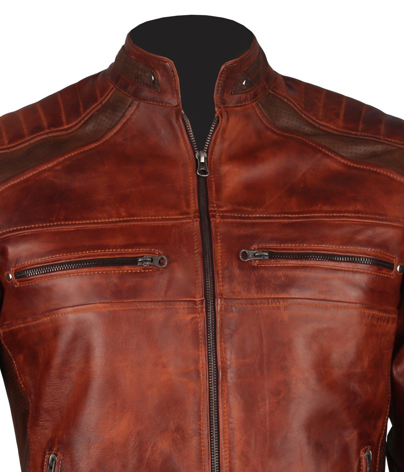 Men's Brown Waxed Cafe Racer Leather Motorcycle Jacket