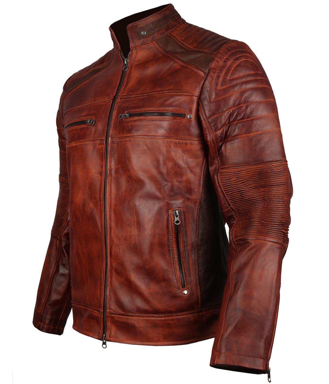 Men's Brown Waxed Cafe Racer Leather Motorcycle Jacket