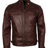 Men's Dark Brown Diamond Quilted Genuine Leather Motorcycle Jacket