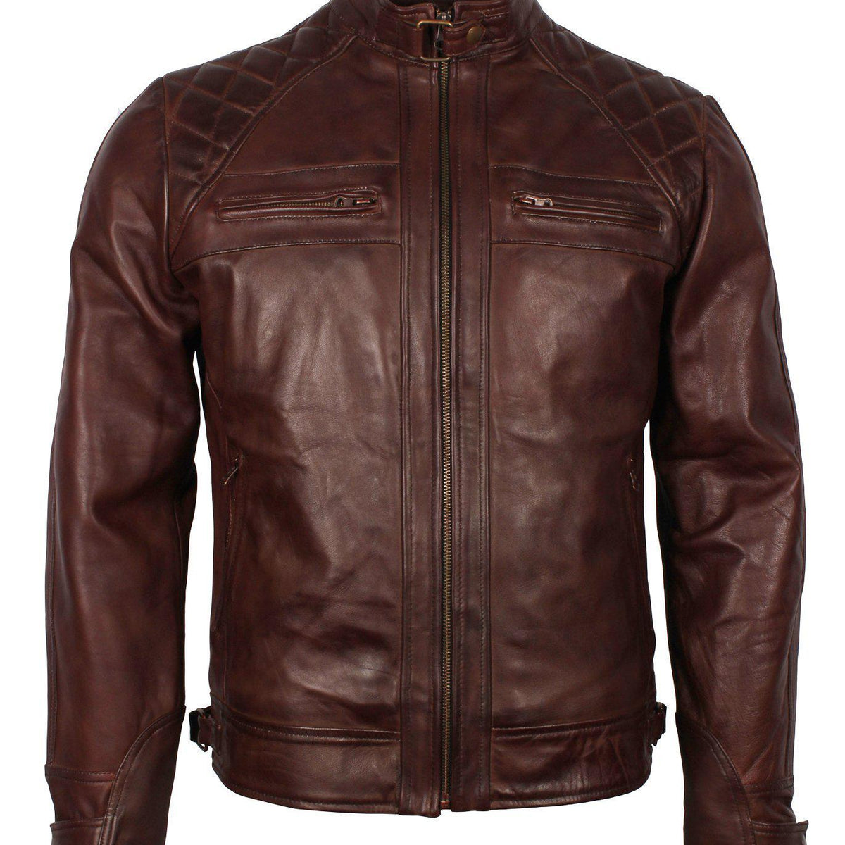 Men's Dark Brown Diamond Quilted Genuine Leather Motorcycle Jacket