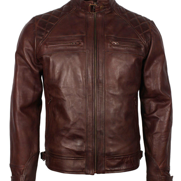 Men's Dark Brown Diamond Quilted Genuine Leather Motorcycle Jacket