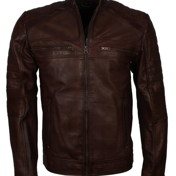 Men's Dark-Brown Distressed Cafe Racer Genuine Leather Jacket