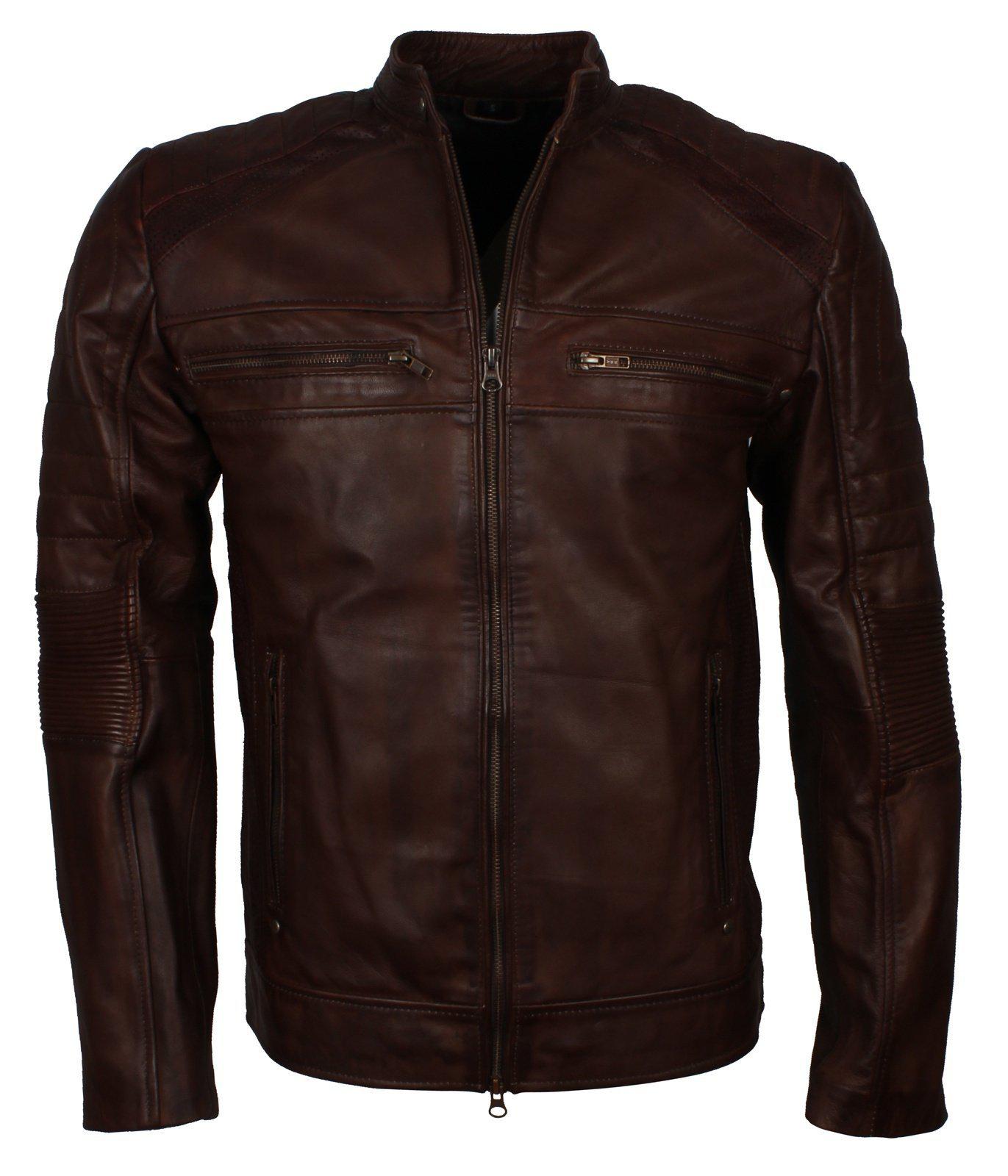 Men's Dark-Brown Distressed Cafe Racer Genuine Leather Jacket