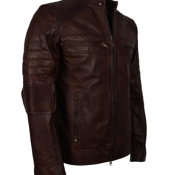 Men's Dark-Brown Distressed Cafe Racer Genuine Leather Jacket