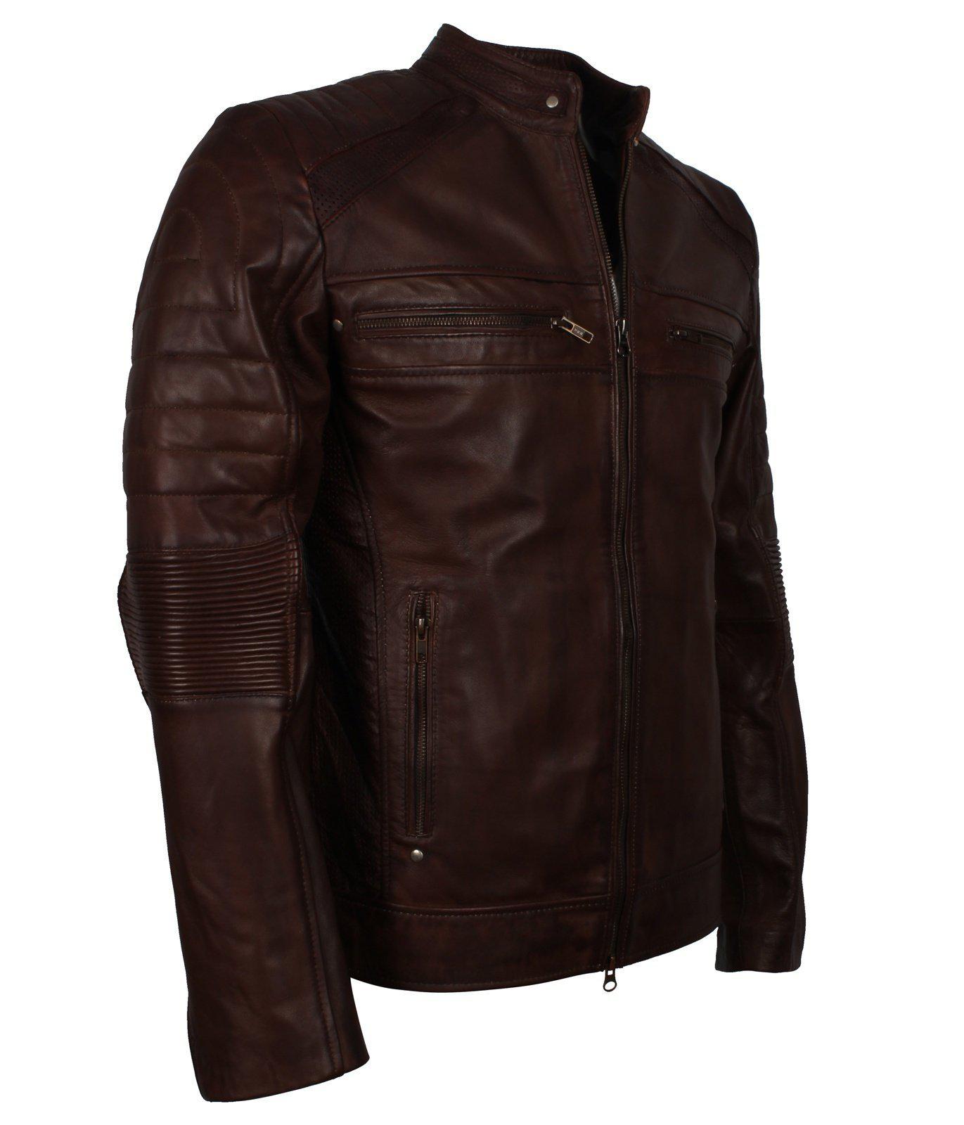 Men's Dark-Brown Distressed Cafe Racer Genuine Leather Jacket