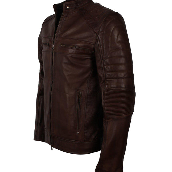 Men's Dark-Brown Distressed Cafe Racer Genuine Leather Jacket