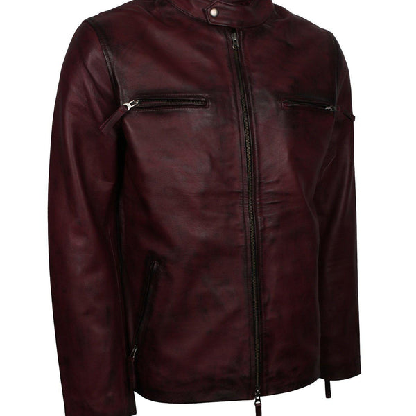 Men's Maroon Waxed Genuine Leather Casual Motorcycle Jacket