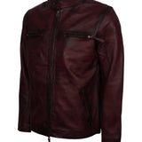 Men's Maroon Waxed Genuine Leather Casual Motorcycle Jacket