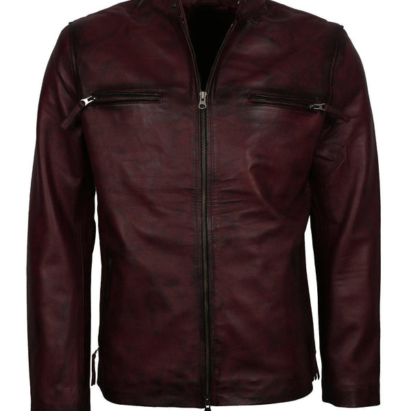 Men's Maroon Waxed Genuine Leather Casual Motorcycle Jacket