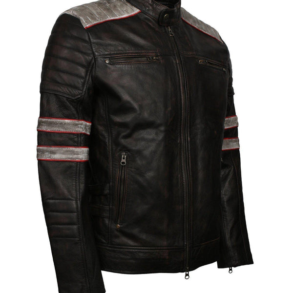 Men's Distressed Patched Black Genuine Leather Jacket