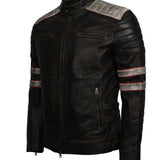 Men's Distressed Patched Black Genuine Leather Jacket