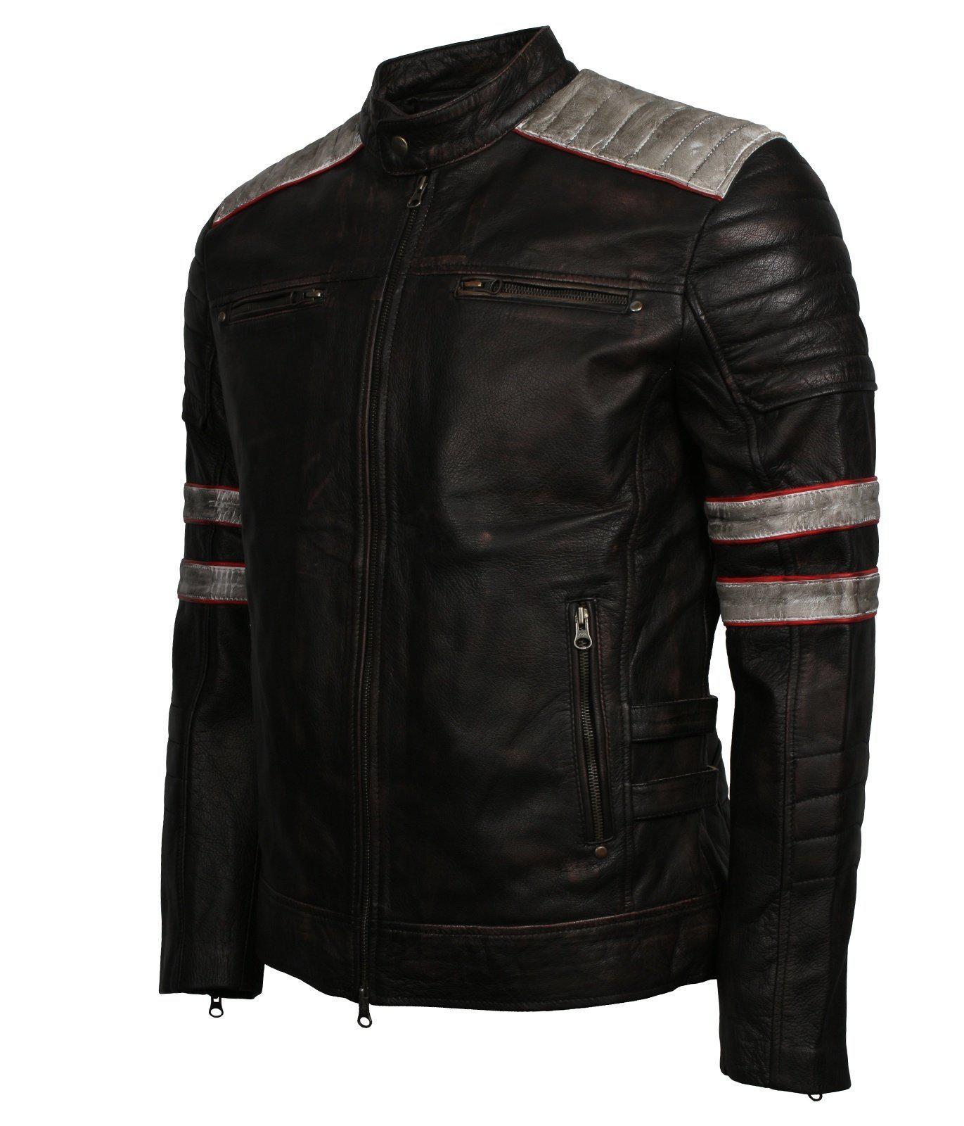 Men's Distressed Patched Black Genuine Leather Jacket