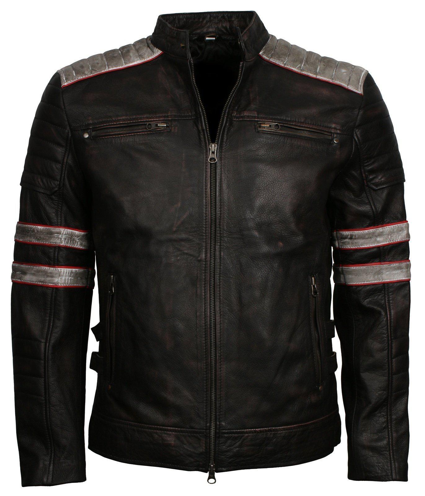 Men's Distressed Patched Black Genuine Leather Jacket