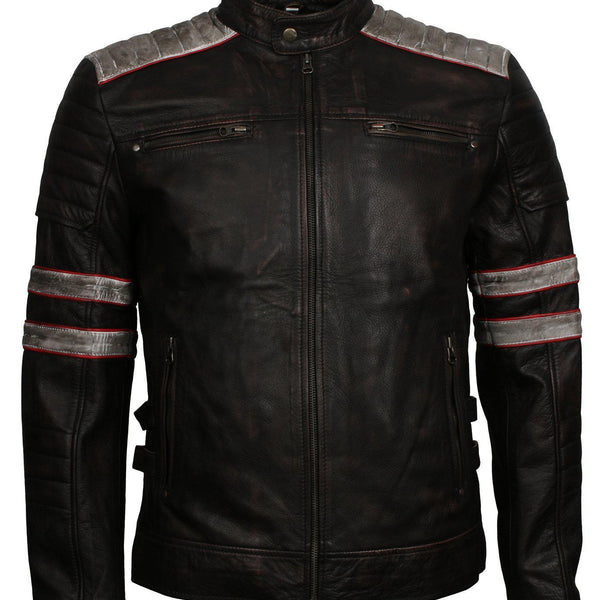 Men's Distressed Patched Black Genuine Leather Jacket