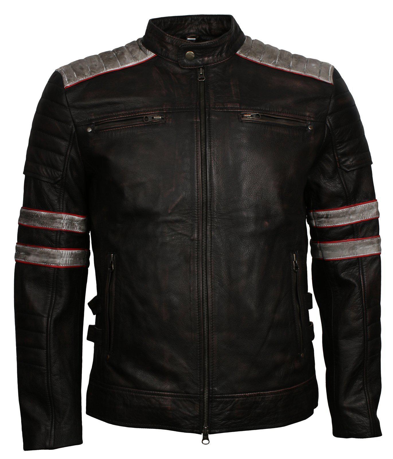 Men's Distressed Patched Black Genuine Leather Jacket