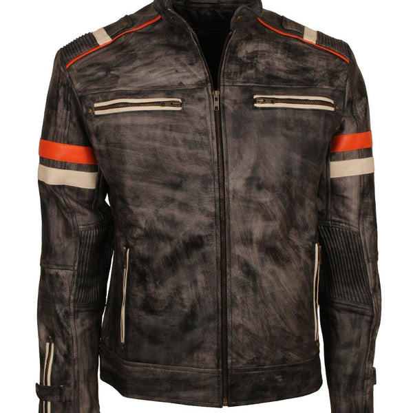 Men's Retro Vintage Genuine Leather Grey Distressed Biker Jacket