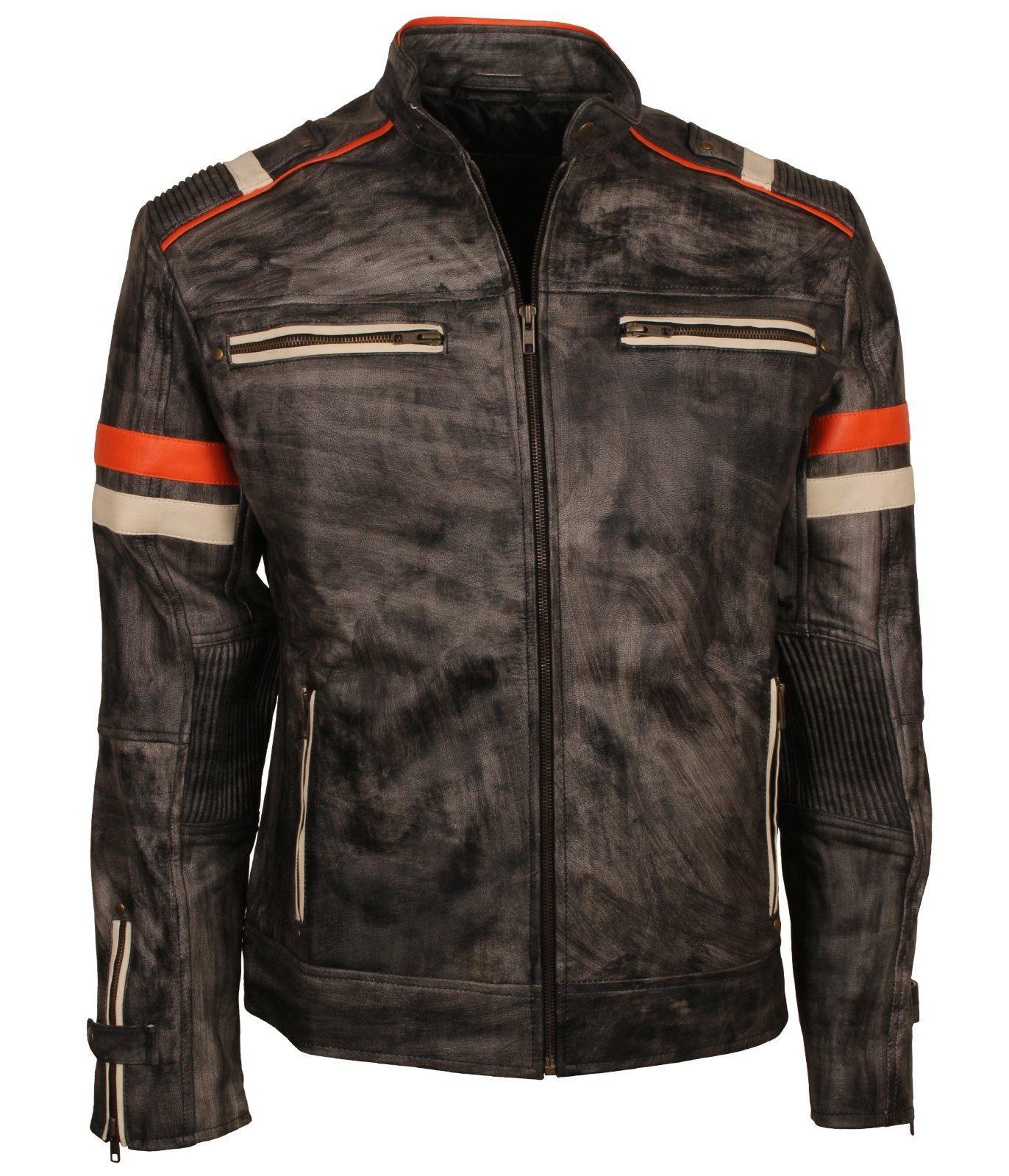 Men's Retro Vintage Genuine Leather Grey Distressed Biker Jacket