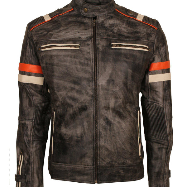 Men's Retro Vintage Genuine Leather Grey Distressed Biker Jacket