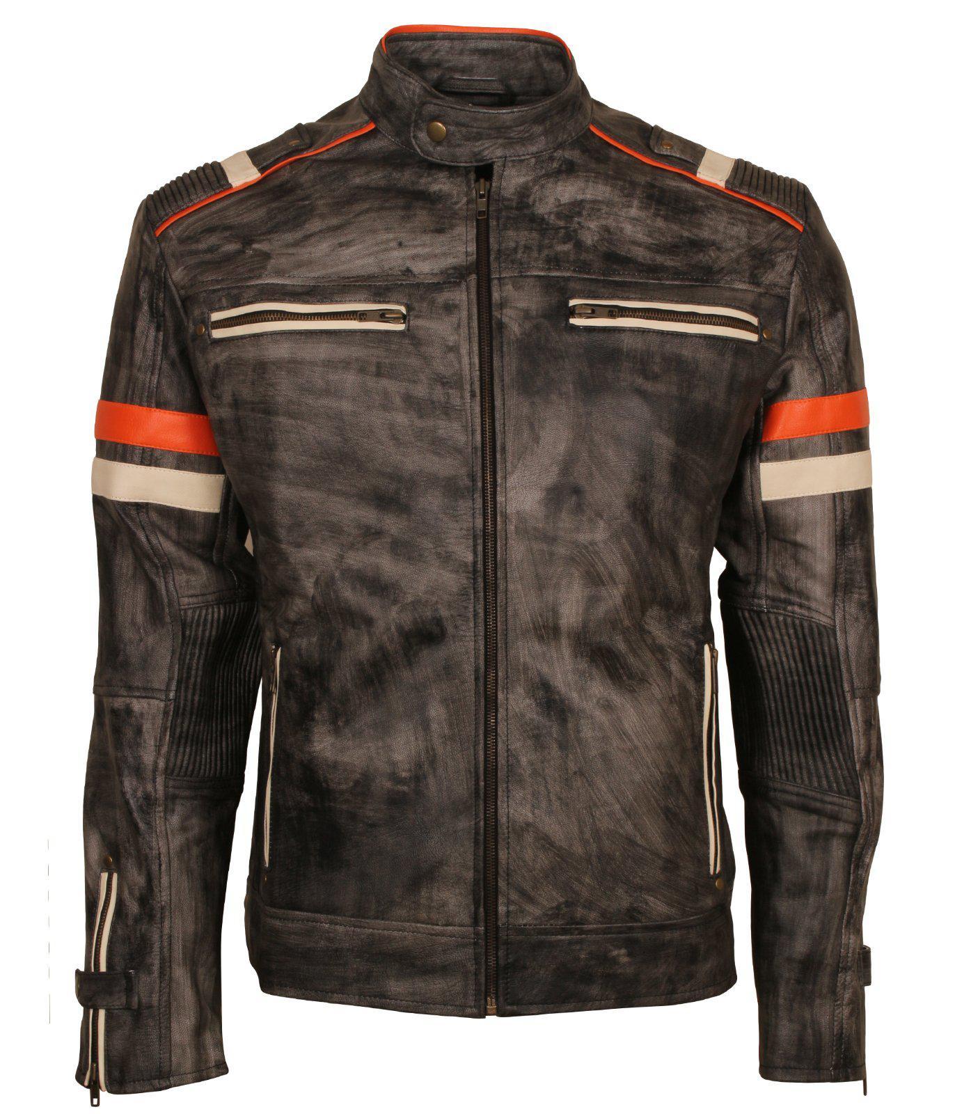 Men's Retro Vintage Genuine Leather Grey Distressed Biker Jacket
