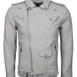 Men's White Classic Rocker Genuine Leather Motorcycle Jacket