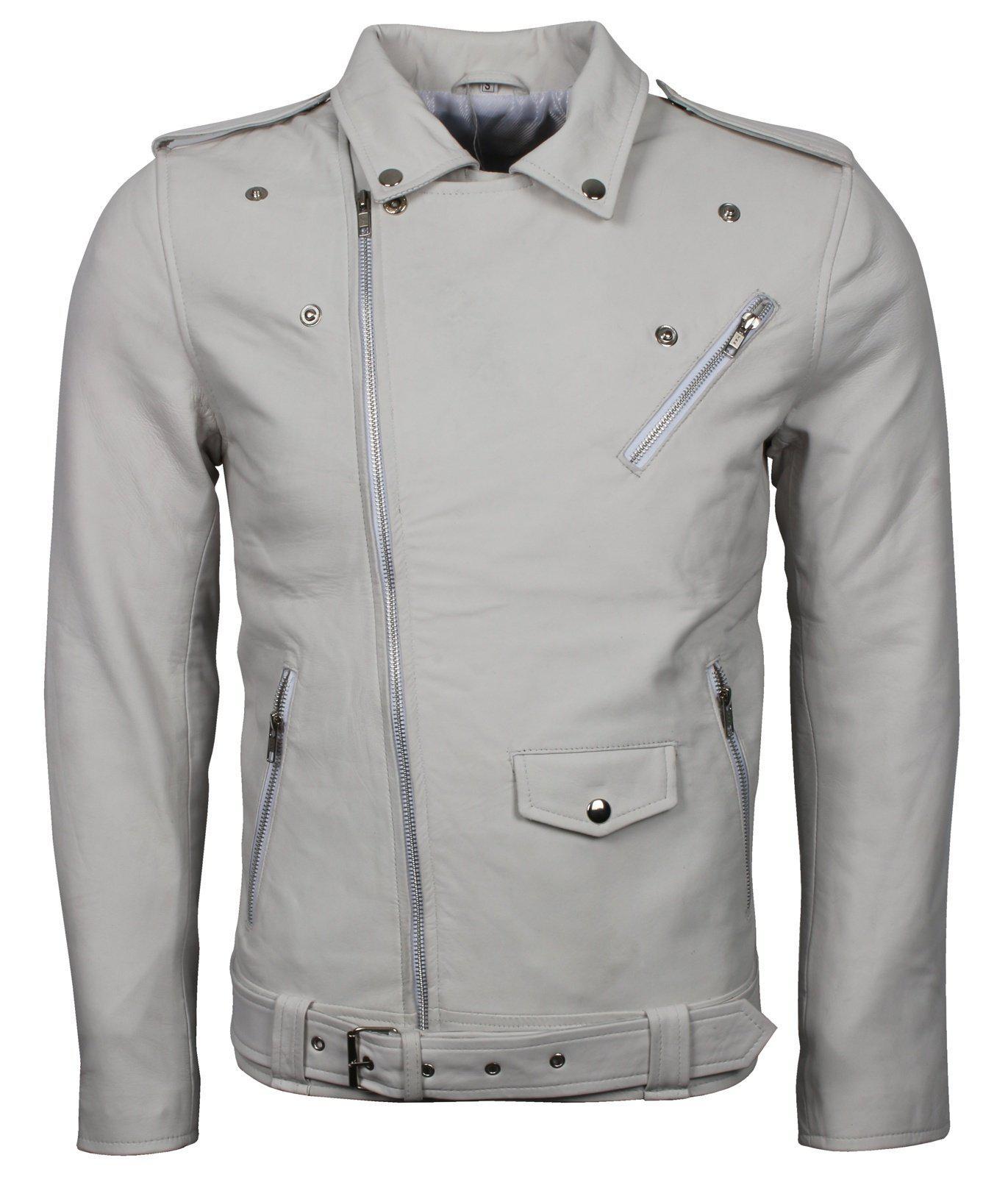 Men's White Classic Rocker Genuine Leather Motorcycle Jacket