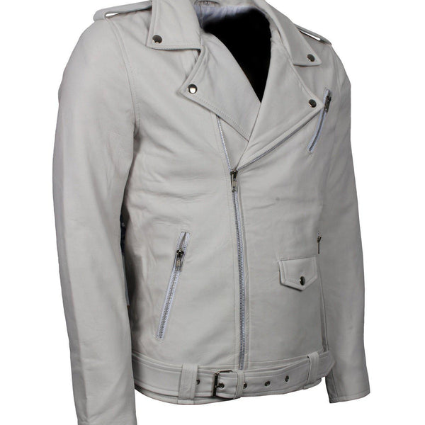 Men's White Classic Rocker Genuine Leather Motorcycle Jacket