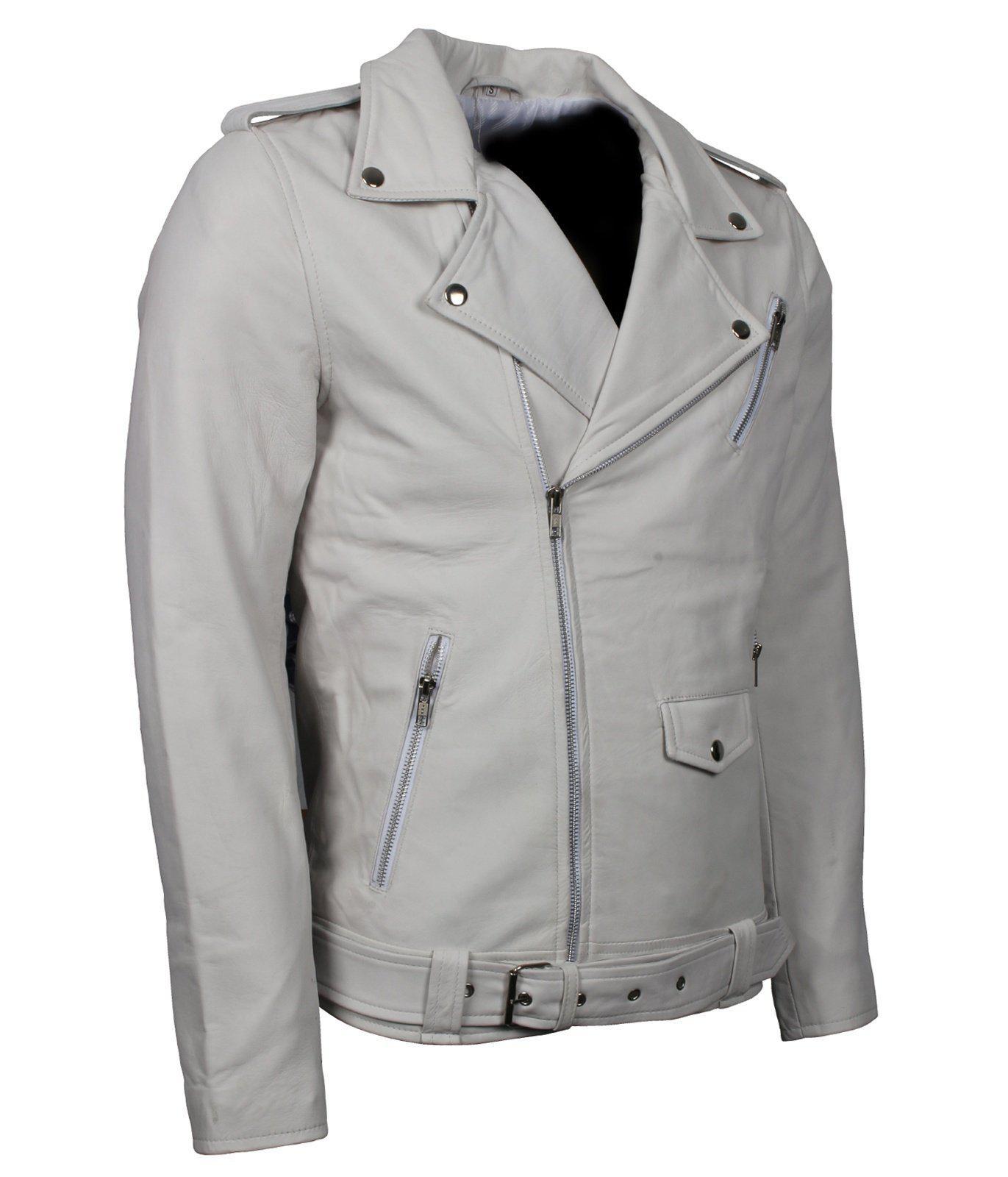 Men's White Classic Rocker Genuine Leather Motorcycle Jacket