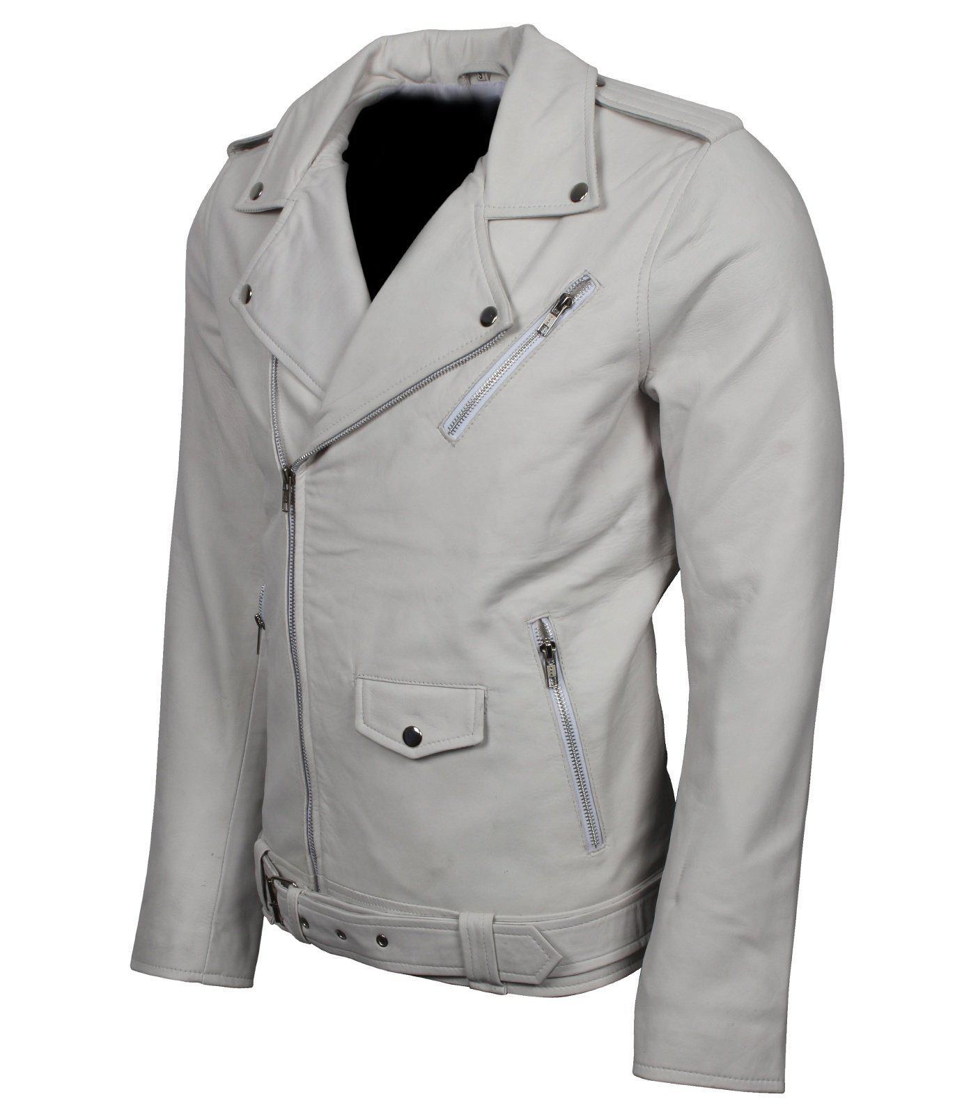 Men's White Classic Rocker Genuine Leather Motorcycle Jacket