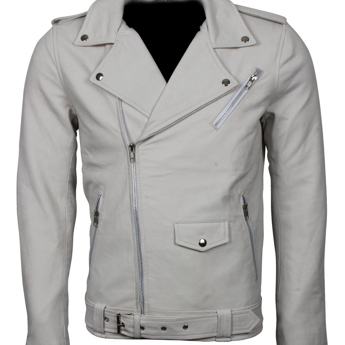 Men's White Classic Rocker Genuine Leather Motorcycle Jacket