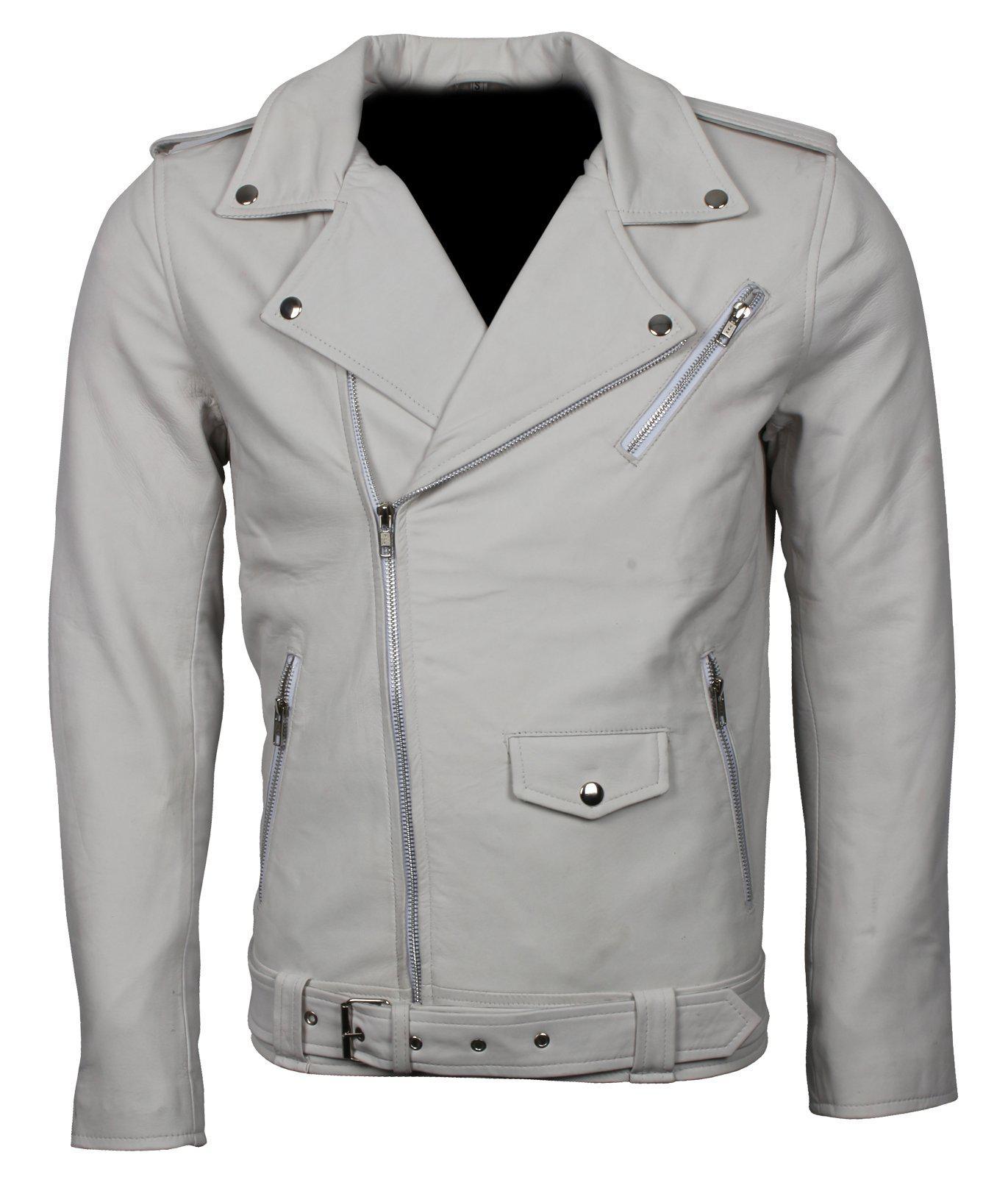 Men's White Classic Rocker Genuine Leather Motorcycle Jacket