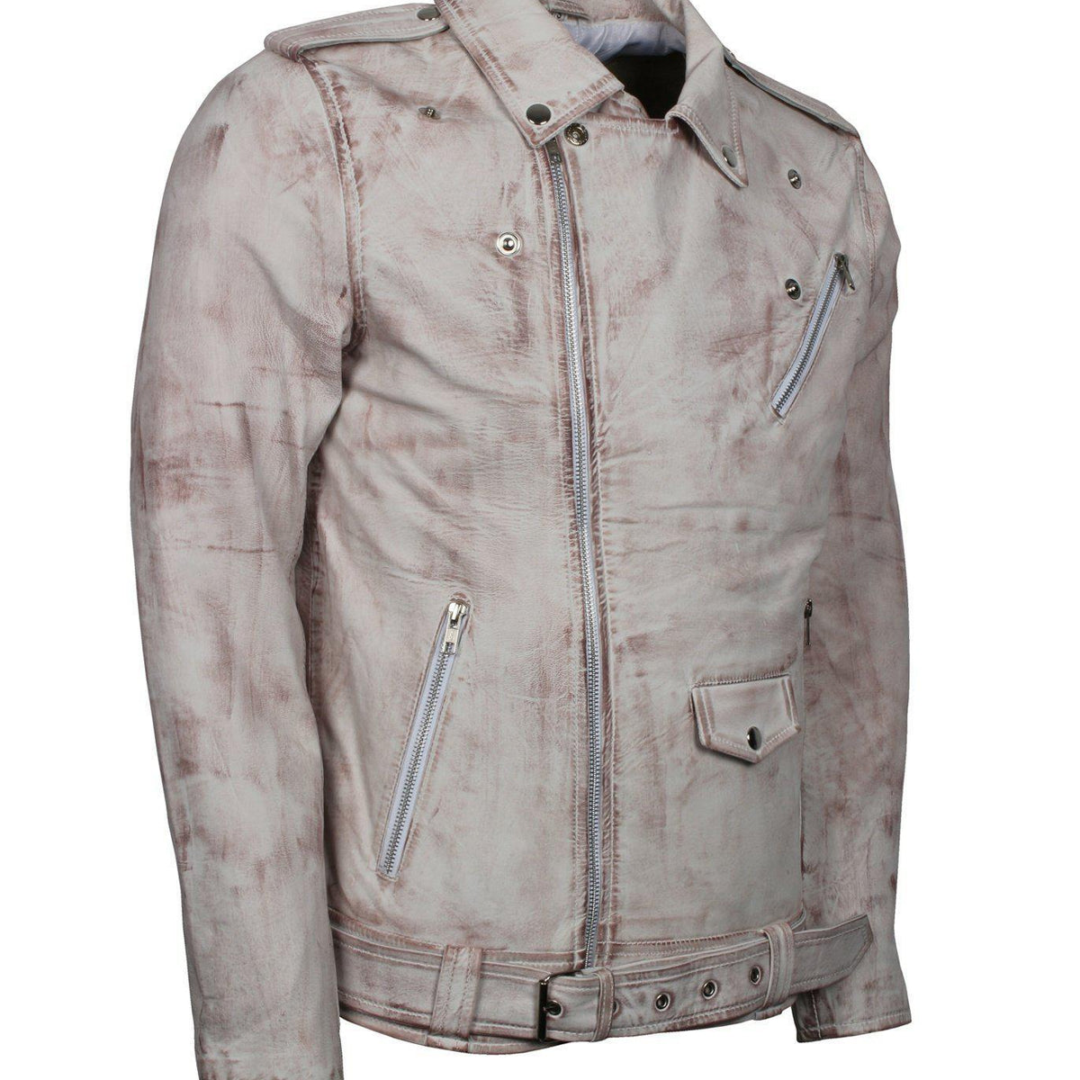 Men's White Classic Rocker Waxed Genuine Leather Motorcycle Jacket