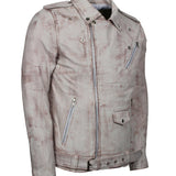 Men's White Classic Rocker Waxed Genuine Leather Motorcycle Jacket