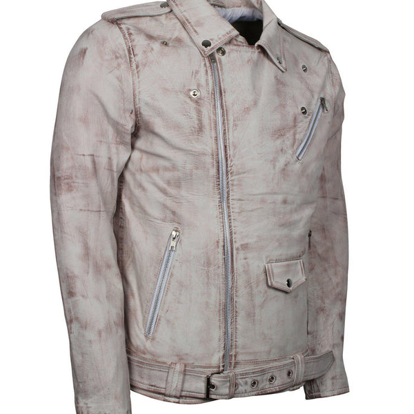 Men's White Classic Rocker Waxed Genuine Leather Motorcycle Jacket