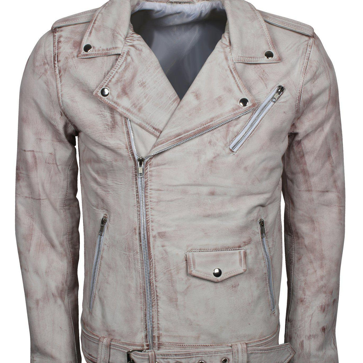 Men's White Classic Rocker Waxed Genuine Leather Motorcycle Jacket