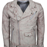 Men's White Classic Rocker Waxed Genuine Leather Motorcycle Jacket