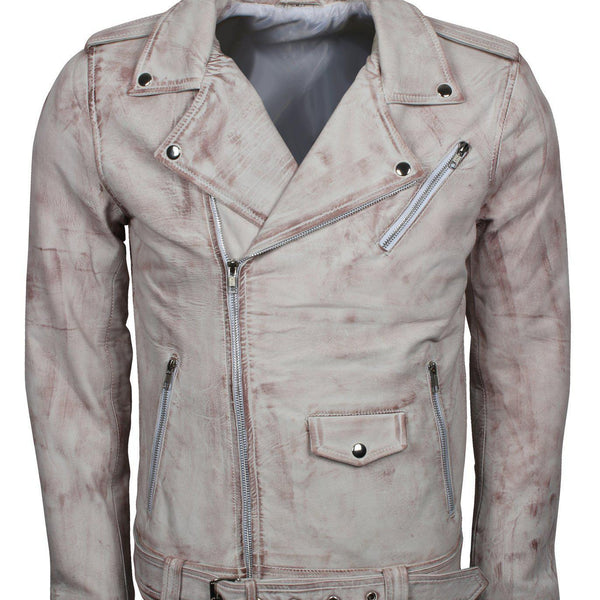 Men's White Classic Rocker Waxed Genuine Leather Motorcycle Jacket