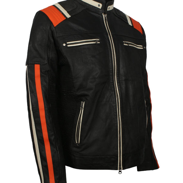 Black Retro Men's Biker Leather Jacket with Stripes