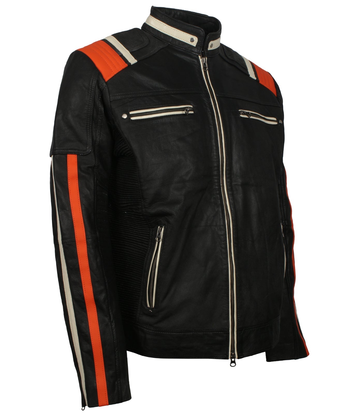 Black Retro Men's Biker Leather Jacket with Stripes