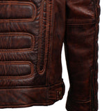 Men's Dark Brown Padded Waxed Genuine Leather Motorcycle Jacket