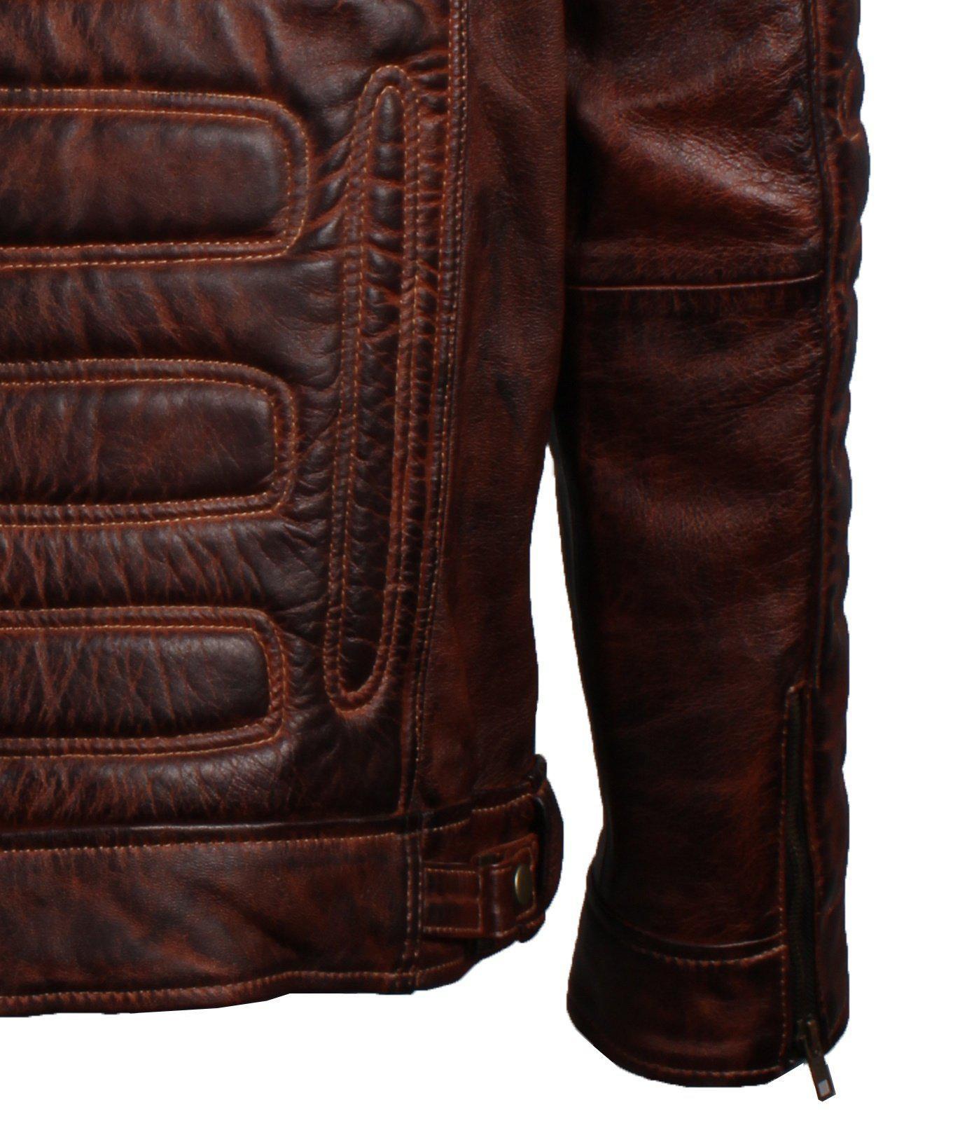 Men's Dark Brown Padded Waxed Genuine Leather Motorcycle Jacket