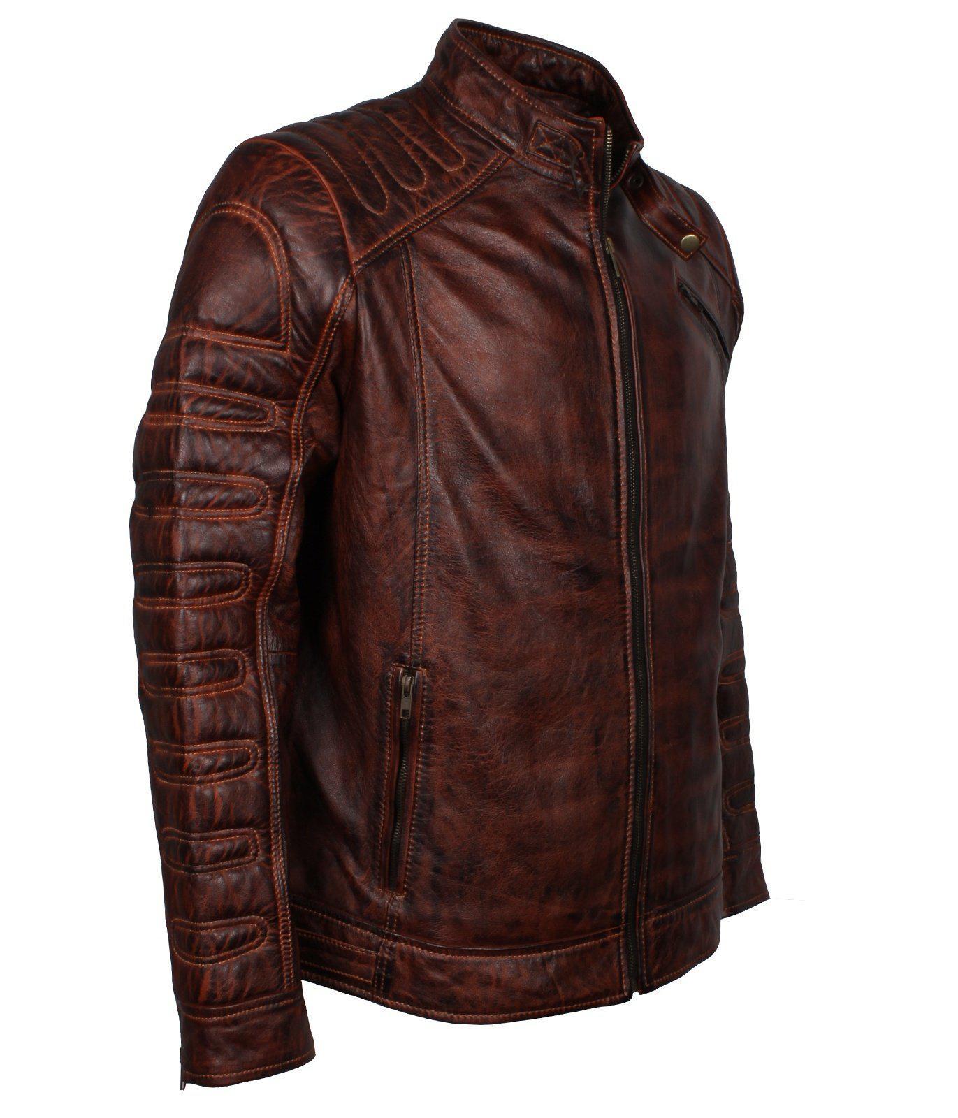 Men's Dark Brown Padded Waxed Genuine Leather Motorcycle Jacket
