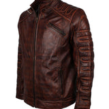 Men's Dark Brown Padded Waxed Genuine Leather Motorcycle Jacket