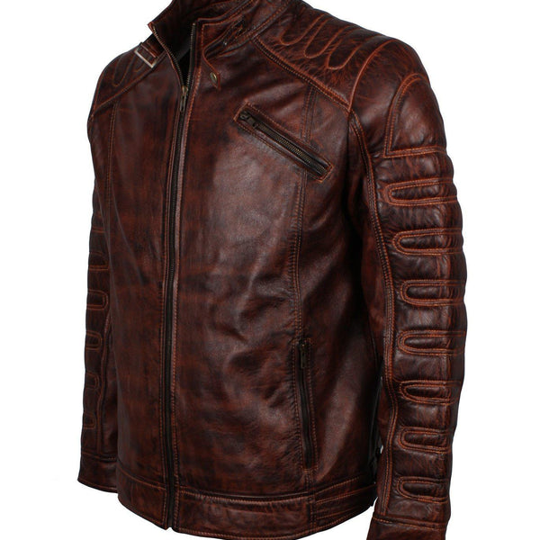 Men's Dark Brown Padded Waxed Genuine Leather Motorcycle Jacket