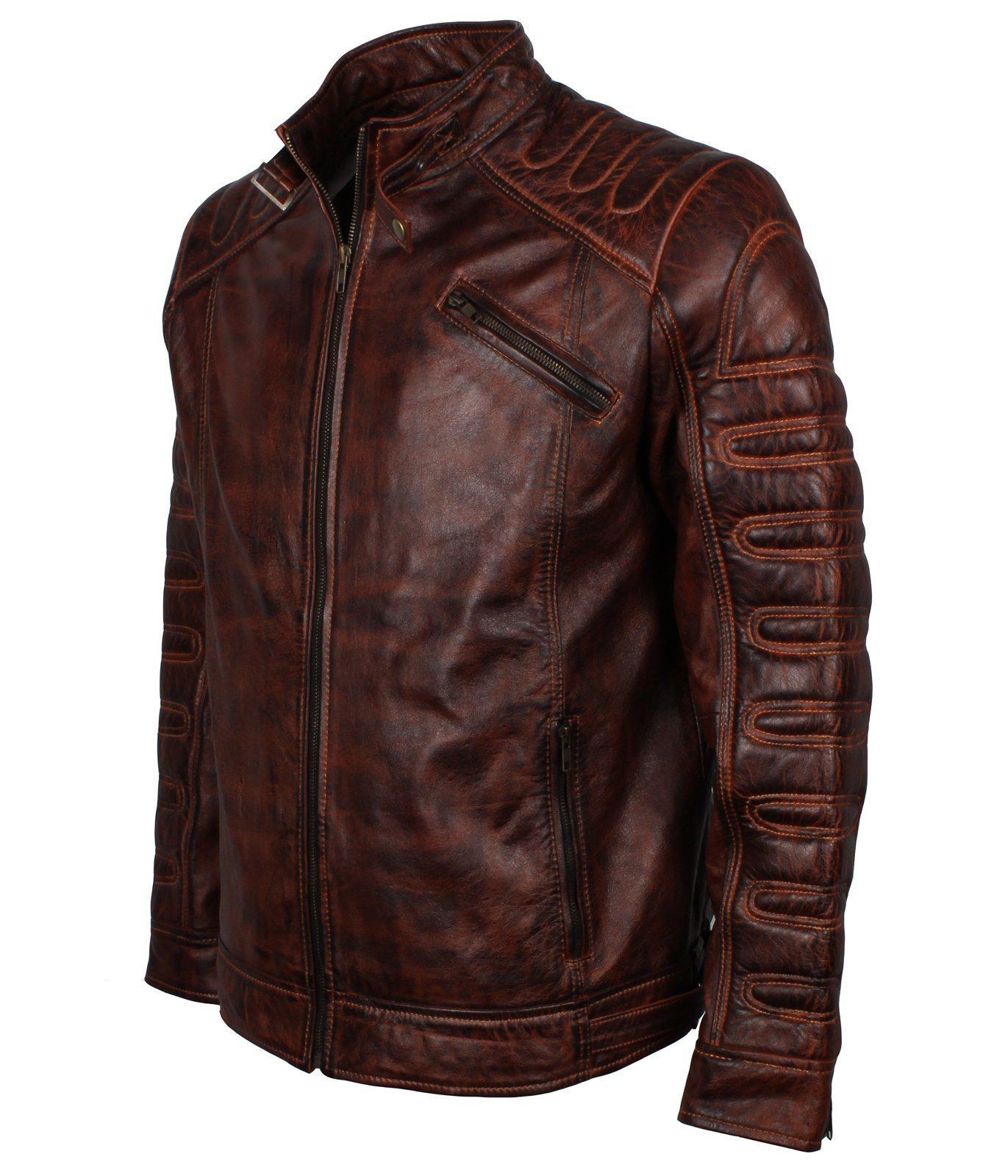 Men's Dark Brown Padded Waxed Genuine Leather Motorcycle Jacket