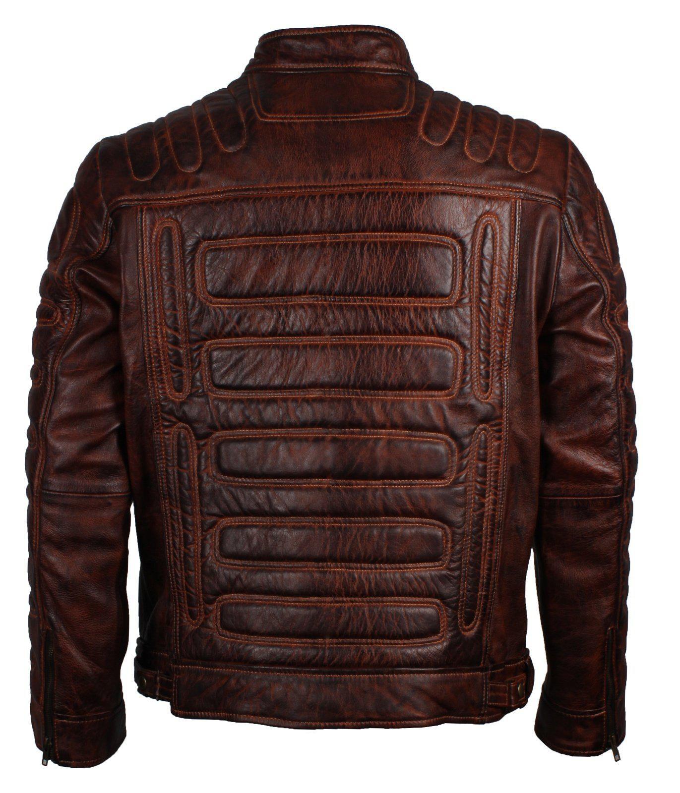 Men's Dark Brown Padded Waxed Genuine Leather Motorcycle Jacket